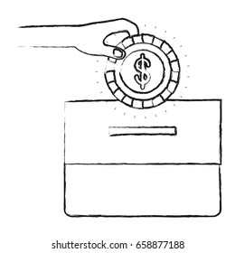 blurred silhouette front view hand with flat coin with dollar symbol depositing in a carton box vector illustration