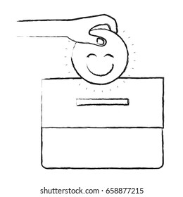 blurred silhouette front view hand with flat happy face depositing in a carton box vector illustration