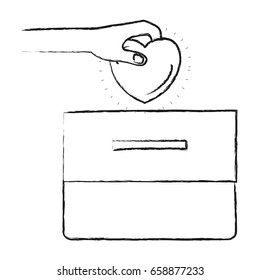 blurred silhouette front view hand with flat heart depositing in a carton box vector illustration