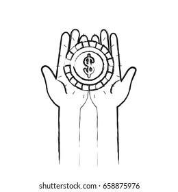 blurred silhouette front view of hands holding in palms a coin with dollar symbol vector illustration