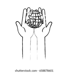 blurred silhouette front view of hands holding in palms a earth globe world charity symbol vector illustration