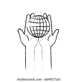 blurred silhouette front view of hands holding in palms a globe chart with lines vector illustration