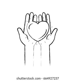 blurred silhouette front view of hands holding in palms a heart charity symbol vector illustration