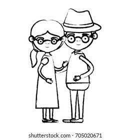 blurred silhouette of full body couple elderly of grandmother with ponytail side hair in dress with grandfather with hat and glasses vector illustration
