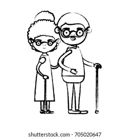 blurred silhouette of full body elderly couple in walking stick with glasses grandmother curly bun hairstyle in dress and grandfather with beard vector illustration