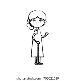 blurred silhouette of full body elderly woman in walking stick with dress and side collected hairstyle vector illustration