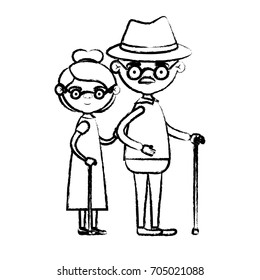 blurred silhouette of full body elderly couple in walking stick grandmother collected hairstyle in dress and grandfather with hat and moustache vector illustration
