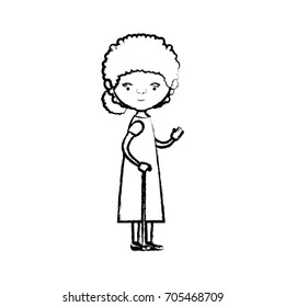 blurred silhouette of full body elderly woman in walking stick with dress and curly side bun hairstyle vector illustration
