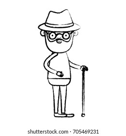 blurred silhouette of full body elderly man in walking stick with beard and hat with glasses vector illustration