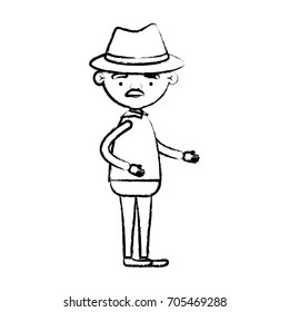 blurred silhouette of full body elderly man in clothes with moustache and hat vector illustration