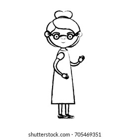 blurred silhouette of full body elderly woman in dress with collected hairstyle and glasses vector illustration