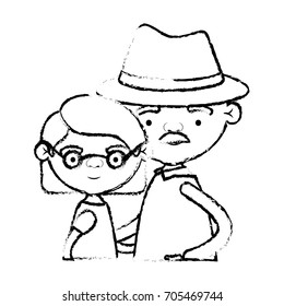 blurred silhouette of half body couple elderly of grandmother with glasses and short hair with grandfather with hat and moustache vector illustration