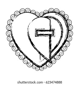 blurred silhouette heart decorative frame with wooden cross inside vector illustration
