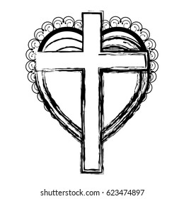 blurred silhouette heart decorative frame with wooden cross vector illustration
