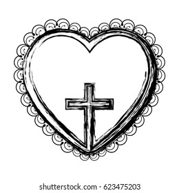 blurred silhouette heart decorative frame with small wooden cross inside vector illustration