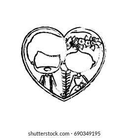 blurred silhouette heart shape with caricature faceless newly married couple inside of newly married couple bearded groom with formal wear and bride with side braided hairstyle and holdings hands