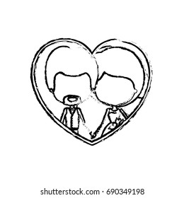 blurred silhouette heart shape with caricature faceless newly married couple inside of newly married couple young groom with formal wear and bride with side ponytail hairstyle and holdings hands