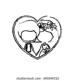 blurred silhouette heart shape with caricature faceless newly married couple inside of newly married couple bearded groom with formal wear and bride with straight short hairstyle and holdings hands