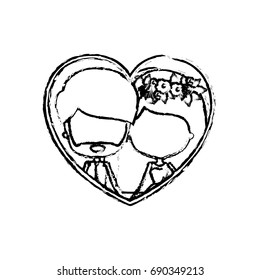 blurred silhouette heart shape with caricature faceless newly married couple inside of newly married couple bearded groom with formal wear and bride with straight medium hairstyle and holdings hands