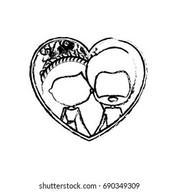 blurred silhouette heart shape with caricature faceless couple man and woman with long wavy braided hairstyle and flower crown in hair inside holding hands vector illustration