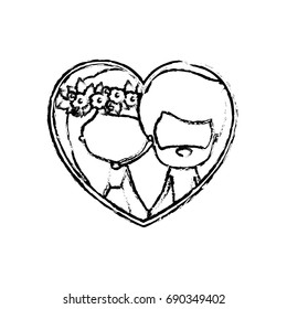 blurred silhouette heart shape with caricature faceless couple man and woman with flower crown in hair inside holding hands vector illustration