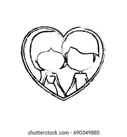 blurred silhouette heart shape with caricature faceless couple guy and woman side ponytail hairstyle inside holding hands vector illustration