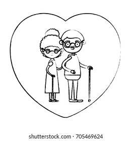 blurred silhouette of heart shape greeting card with caricature full body elderly couple embraced bearded grandfather in walking stick and grandmother with curly bun hair vector illustration