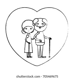 blurred silhouette of heart shape greeting card with caricature full body elderly couple embraced bearded grandfather in walking stick and grandmother with curly collected hair vector illustration