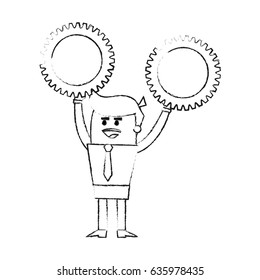 blurred silhouette image cartoon business man holding a gears