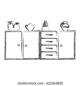 blurred silhouette of kitchen shelf and drawers and tea kettle and coffee jar vector illustration