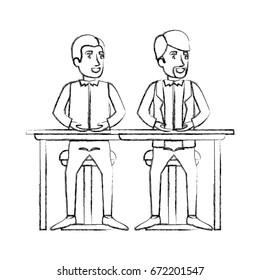 blurred silhouette of men sitting in desk one with casual clothes and the other with formal clothes and van dyke beard vector illustration