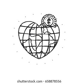 blurred silhouette money box in globe earth world in heart shape with coin with dollar symbol vector illustration