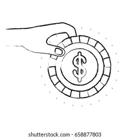 blurred silhouette side view of hand holding a coin with dollar symbol inside to deposit vector illustration