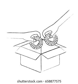 blurred silhouette side view of pair hands holding a coins with heart shape inside to deposit in cardboard box vector illustration
