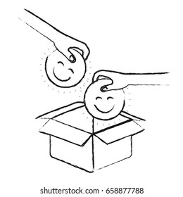 blurred silhouette side view of pair hands holding a happy faces symbol to deposit in cardboard box vector illustration