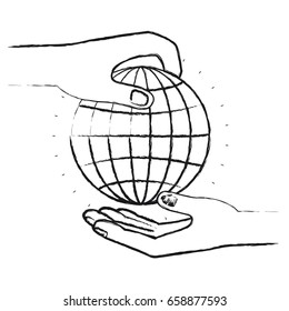 blurred silhouette side view of palm human holding a globe chart to deposit in other hand vector illustration