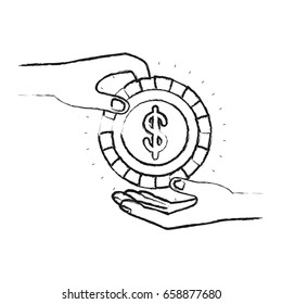 blurred silhouette side view of palm human holding a coin with dollar symbol inside to deposit in other hand vector illustration