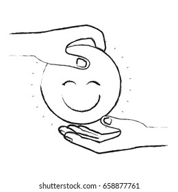 blurred silhouette side view of palm human holding a happy face symbol to deposit in other hand vector illustration
