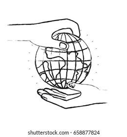 blurred silhouette side view of palm human holding a earth globe world charity symbol to deposit in other hand vector illustration