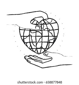 blurred silhouette side view of palm human holding a earth globe world in heart shape to deposit in other hand vector illustration