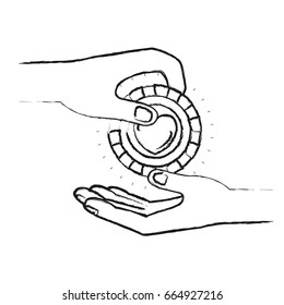 blurred silhouette side view of palm human holding a coin with heart shape inside to deposit in other hand vector illustration