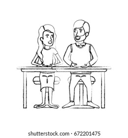 blurred silhouette teamwork of couple sitting in desk and woman with wavy long hair and man van dyke hair in formal suit vector illustration