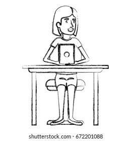 blurred silhouette of woman with short hair and sitting in chair in desktop with device tech vector illustration