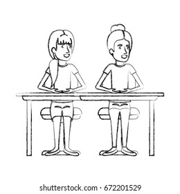 blurred silhouette women sitting in desk one with collected hair and the other with ponytail hairstyle vector illustration
