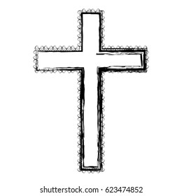 blurred silhouette wooden cross with swirl decorative frame vector illustration
