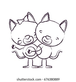 blurred sketch contour caricature with couple of cats embraced vector illustration