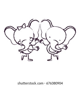 blurred sketch contour caricature with couple of elephants dancing vector illustration