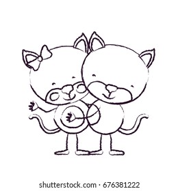 blurred sketch contour caricature with couple of kittens embraced vector illustration