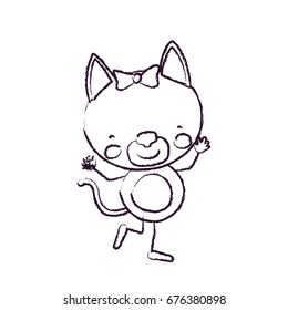 blurred sketch contour caricature of cute expression female cat in dance pose with bow lace vector illustration