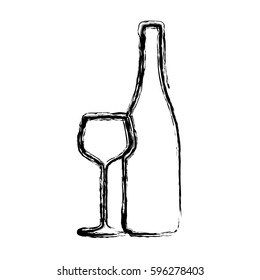 blurred sketch contour wine bottle and glass cup icon vector illustration
